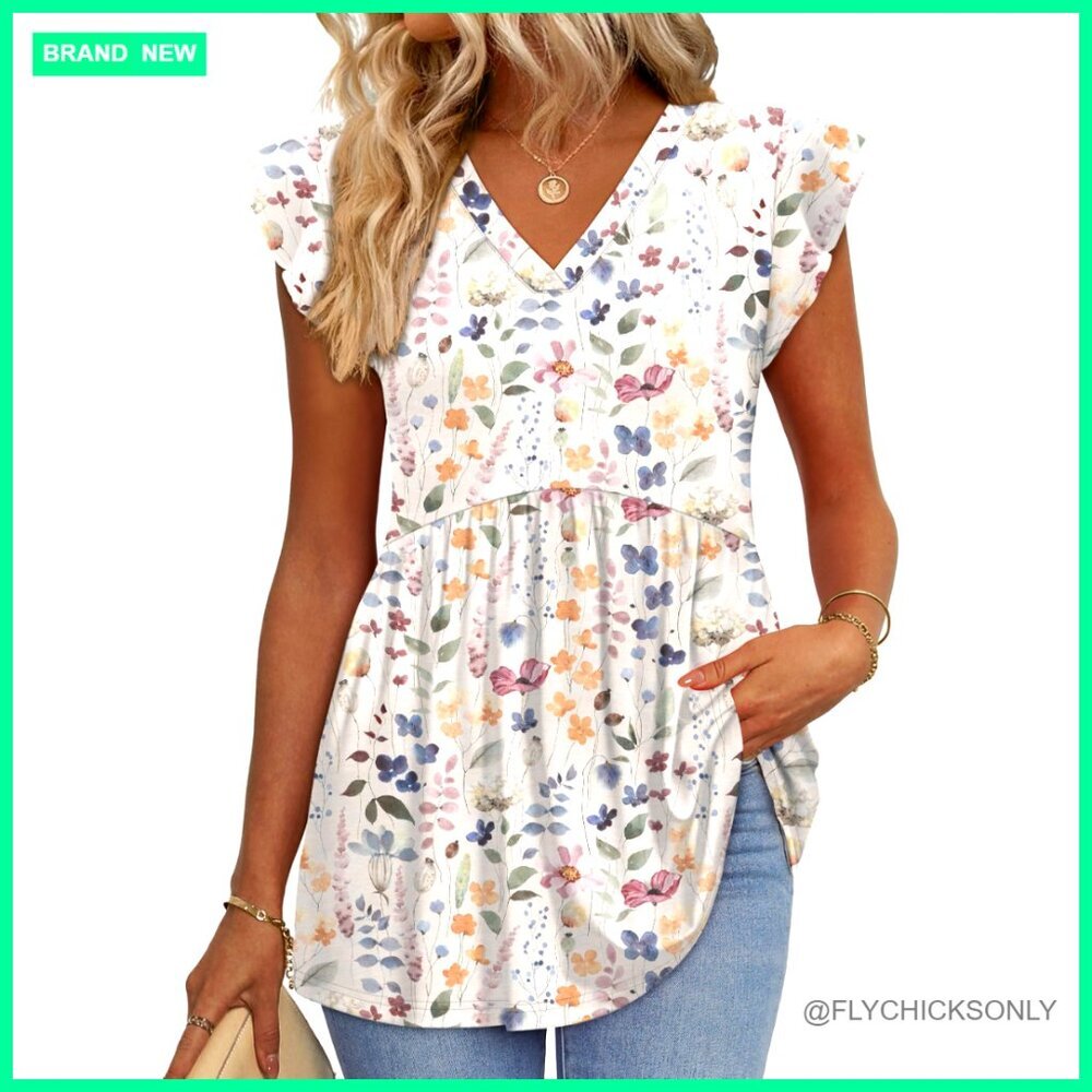 Babydoll Top with Ruffle Sleeves, V-Neck, Loose Fit, Polyester Spandex